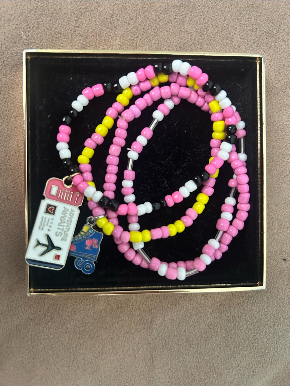 Pink Yellow Beaded Charm Bracelet Set with travel charm and skate charm